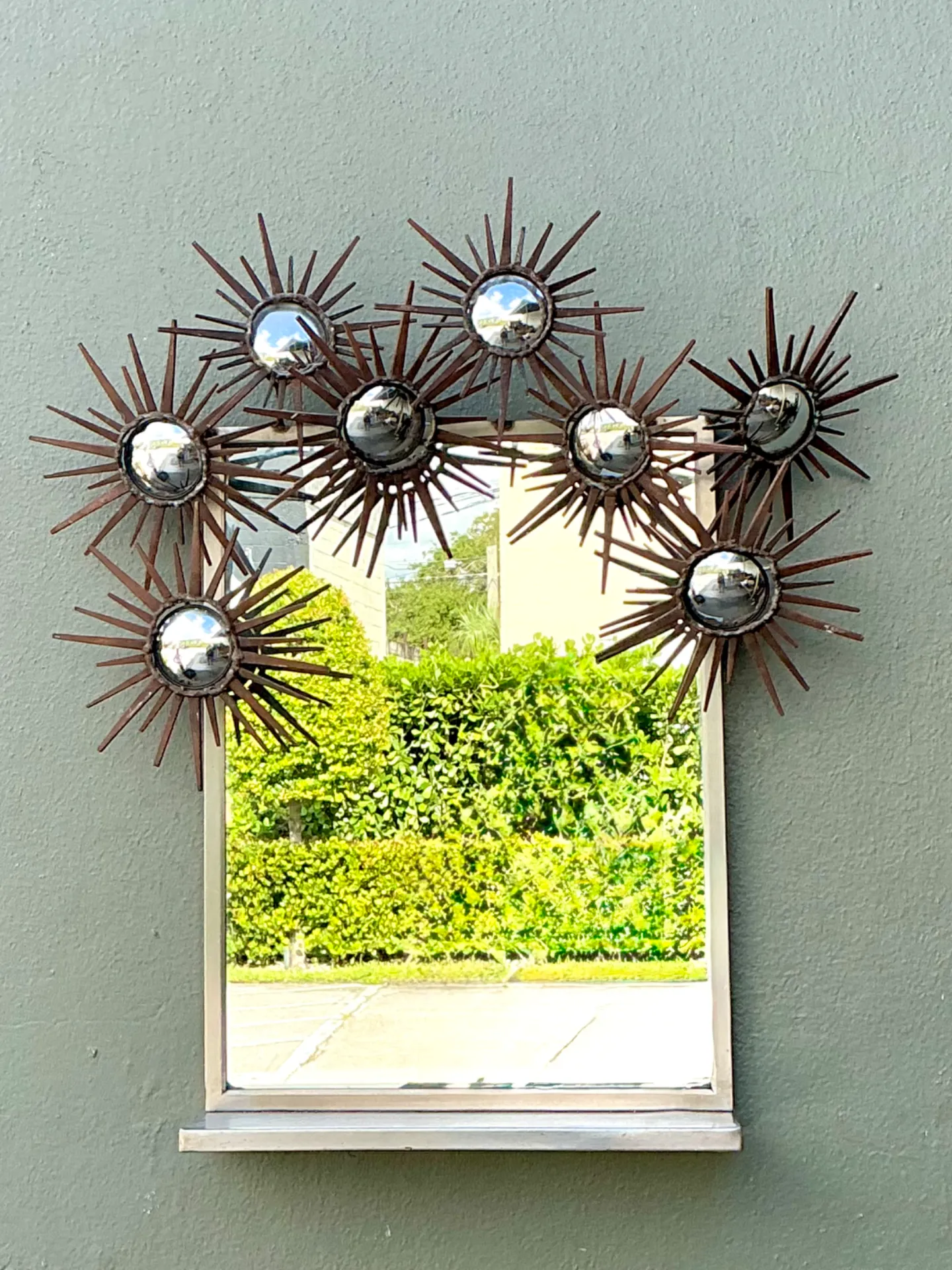 Vintage Patinated Metal Sunburst Mirror — additional photo 1
