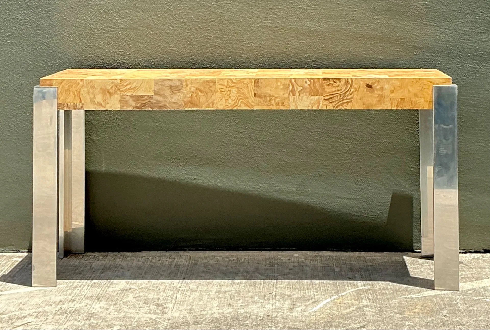 Vintage Laminate Burl Wood and Chrome Console Table — additional photo 7