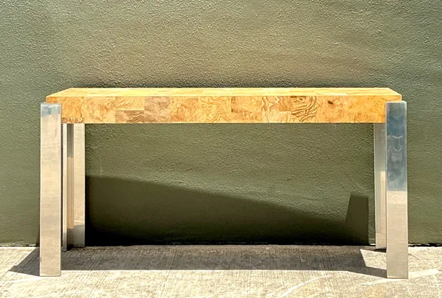 Vintage Laminate Burl Wood and Chrome Console Table — additional photo 8