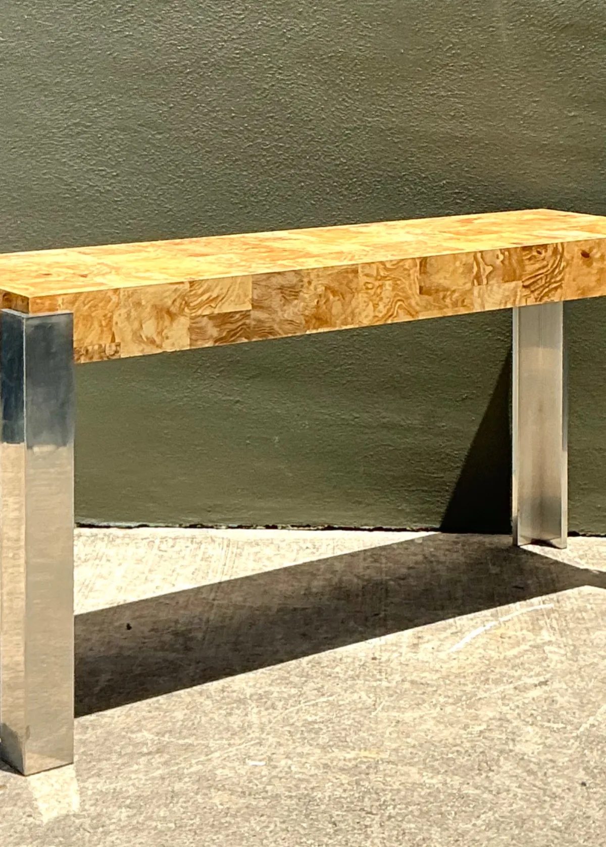 Vintage Laminate Burl Wood and Chrome Console Table - Side view