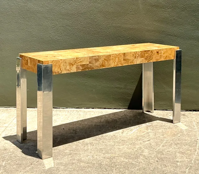 Vintage Laminate Burl Wood and Chrome Console Table — additional photo 2