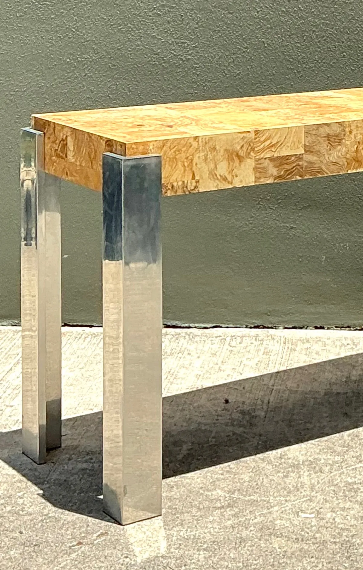 Vintage Laminate Burl Wood and Chrome Console Table - Top view