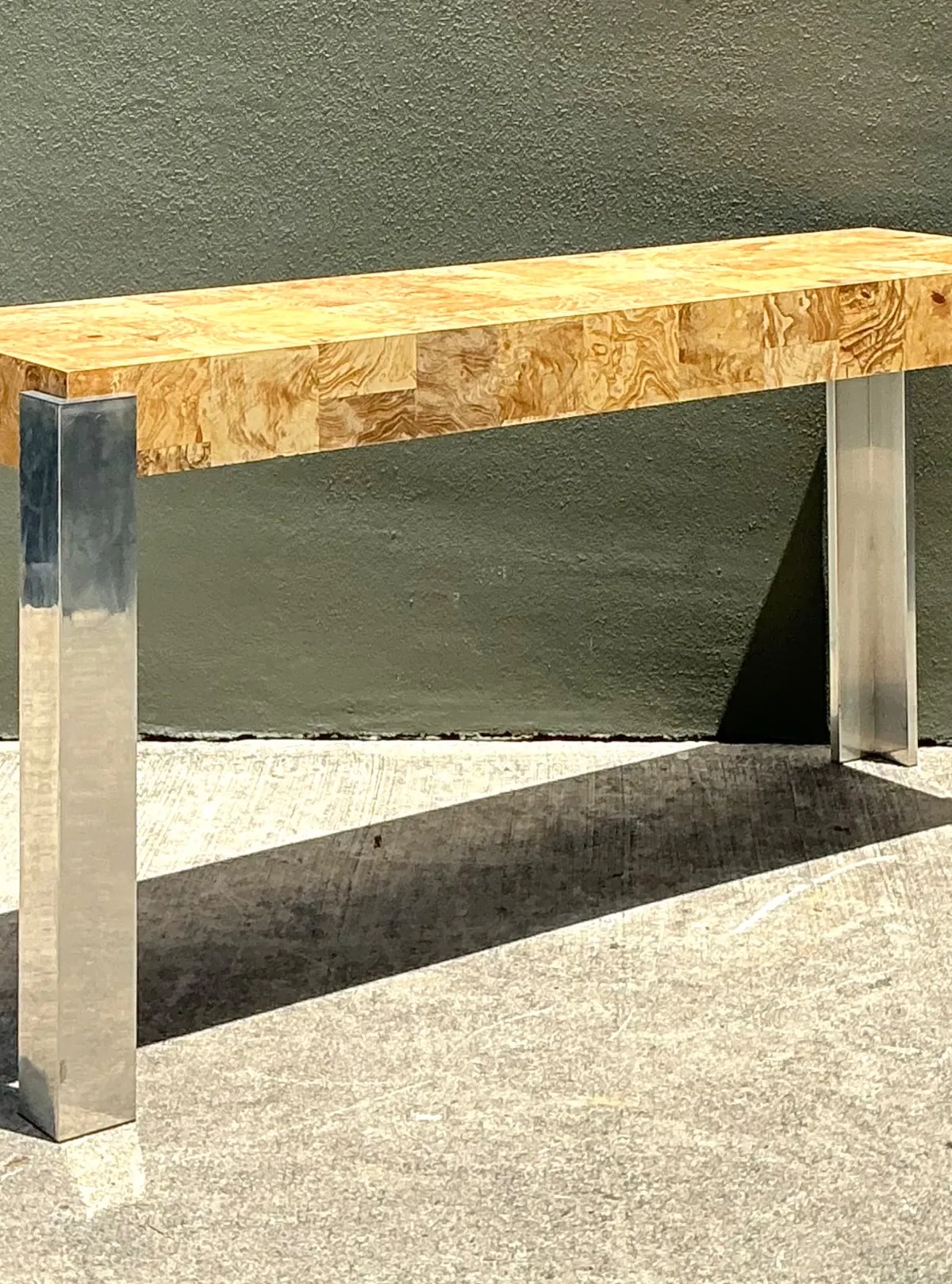 Vintage Laminate Burl Wood and Chrome Console Table - Back view