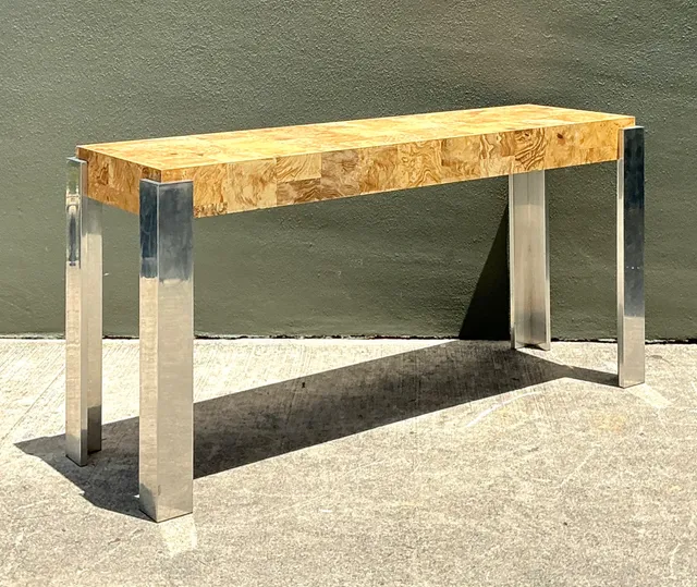 Vintage Laminate Burl Wood and Chrome Console Table — additional photo 3