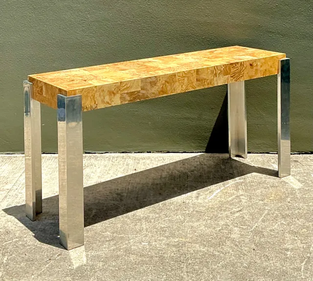 Vintage Laminate Burl Wood and Chrome Console Table — additional photo 1