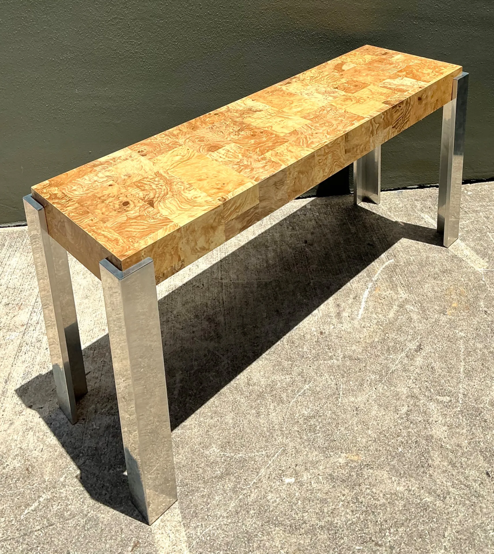 Vintage Laminate Burl Wood and Chrome Console Table — additional photo 5