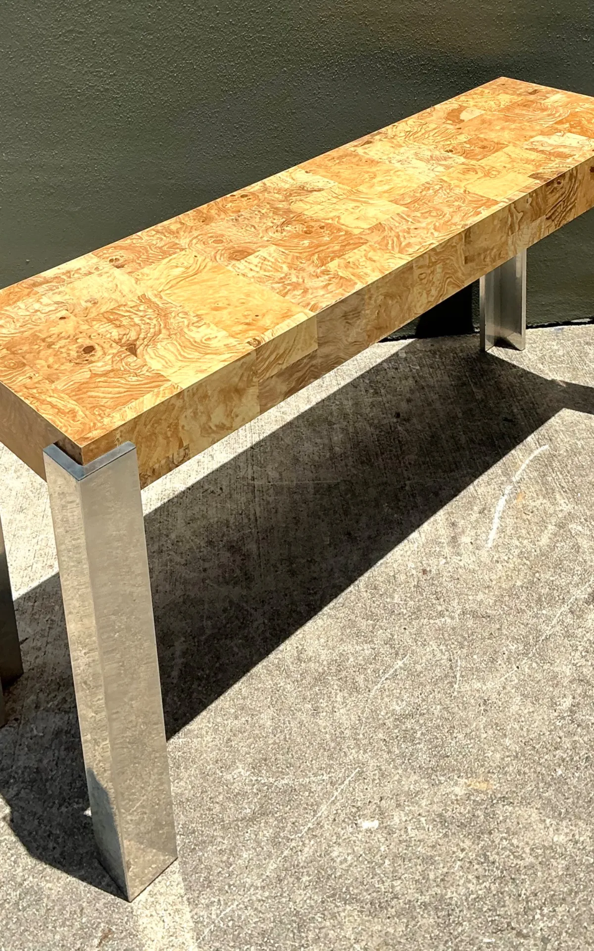 Vintage Laminate Burl Wood and Chrome Console Table - Angle view