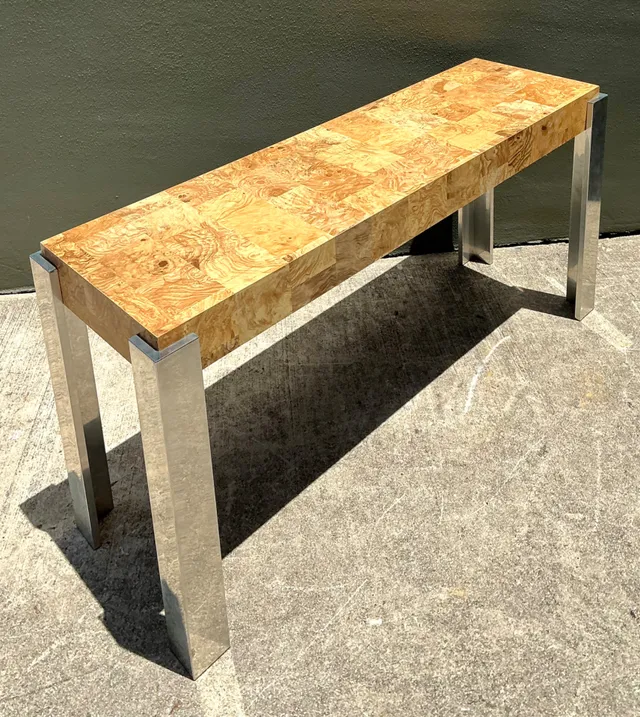 Vintage Laminate Burl Wood and Chrome Console Table — additional photo 5