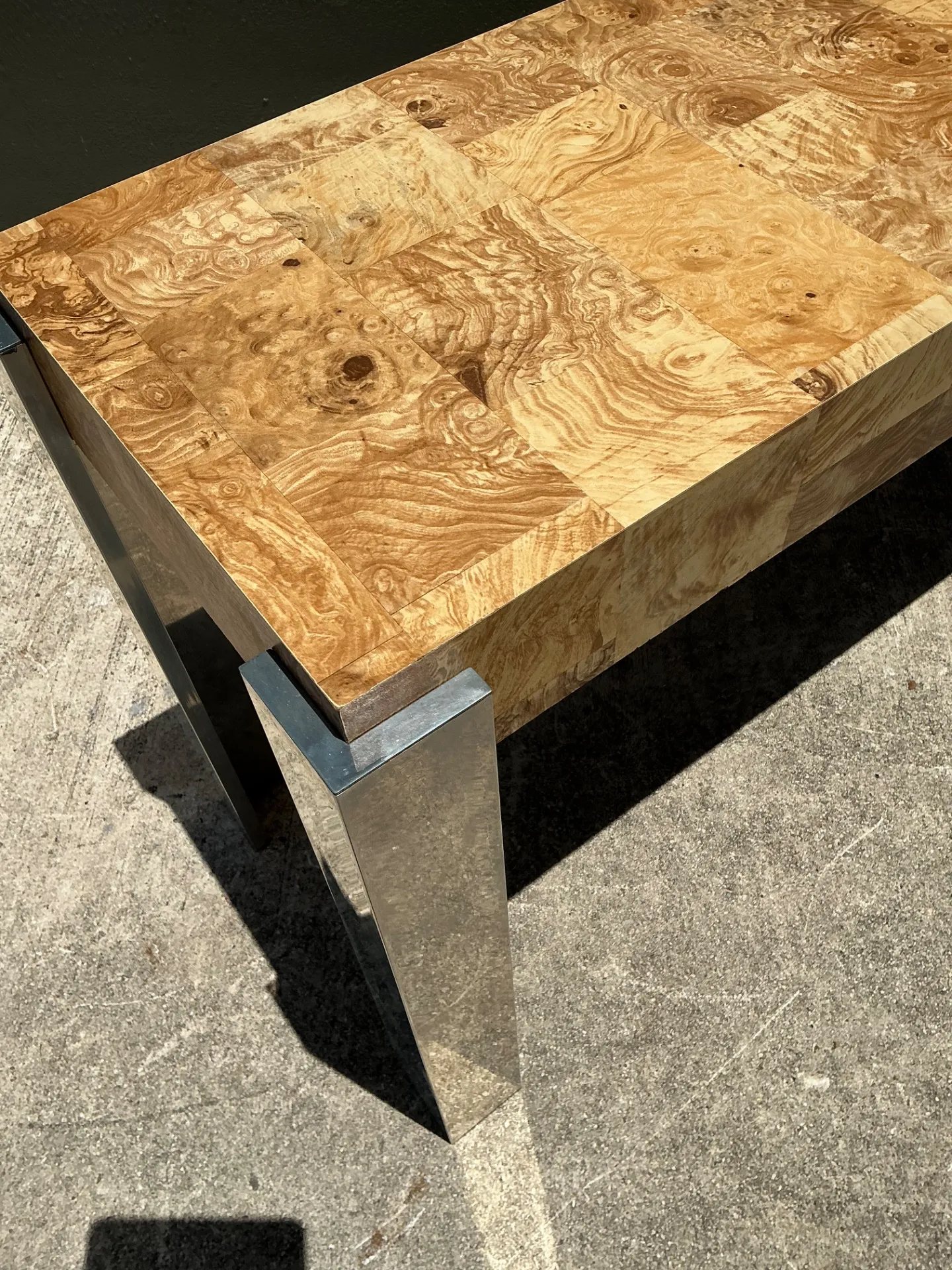 Vintage Laminate Burl Wood and Chrome Console Table — additional photo 6