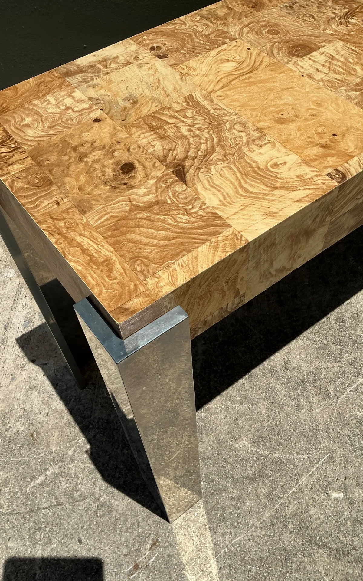 Vintage Laminate Burl Wood and Chrome Console Table - Close-up view
