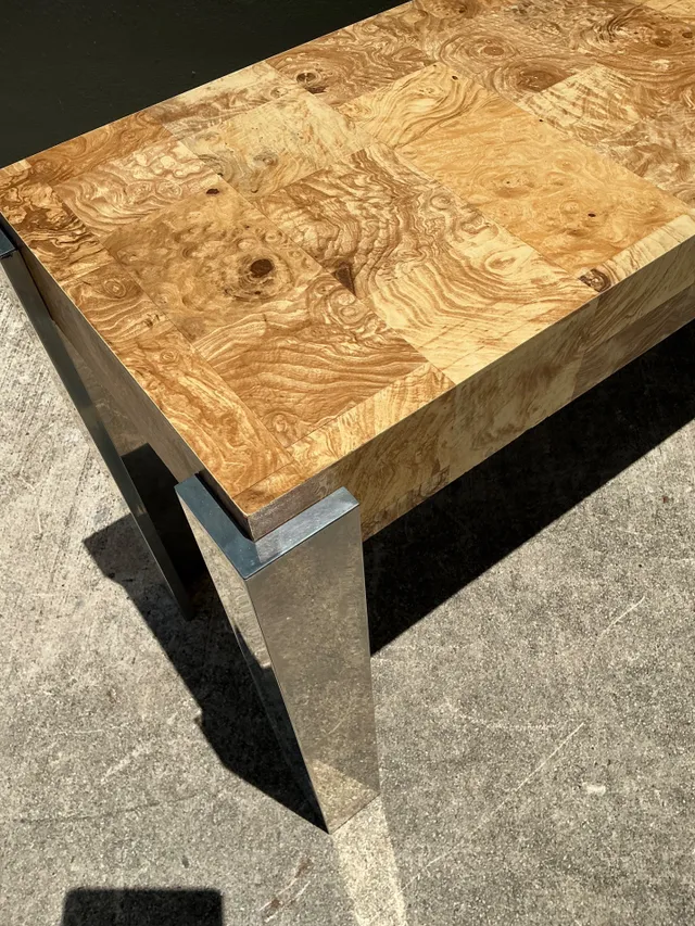 Vintage Laminate Burl Wood and Chrome Console Table — additional photo 6