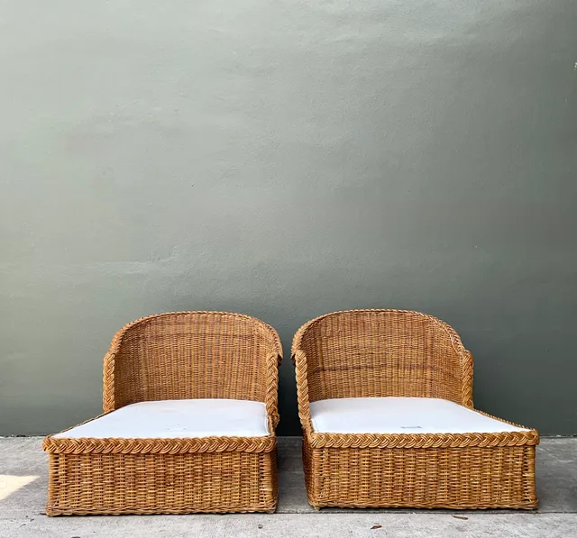 Vintage Braided Rattan Chaise Lounges - Pair — additional photo 1