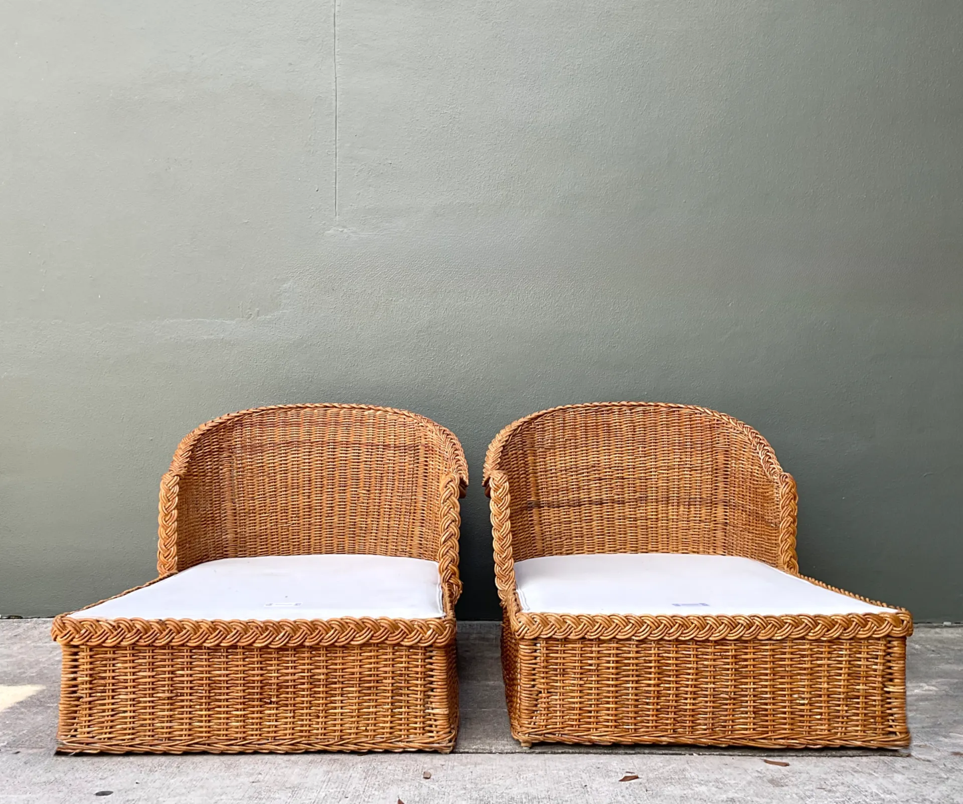 Vintage Braided Rattan Chaise Lounges - Pair — additional photo 3