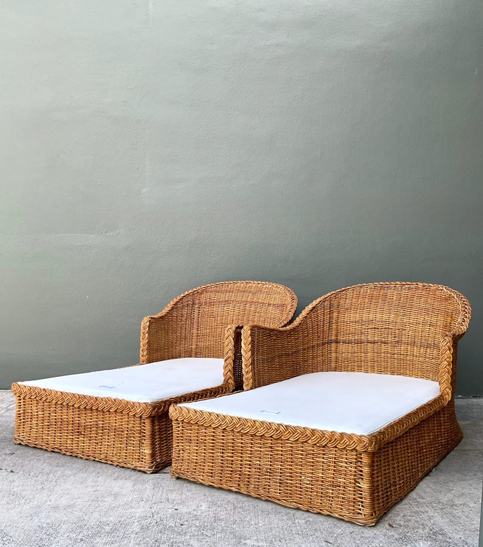 Vintage Braided Rattan Chaise Lounges - Pair — additional photo 2