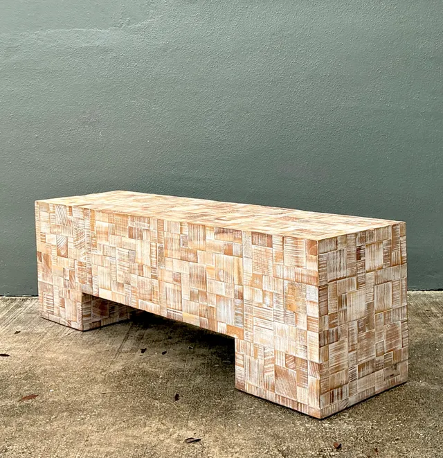 Vintage Geometric Patterned Wood Bench — additional photo 6