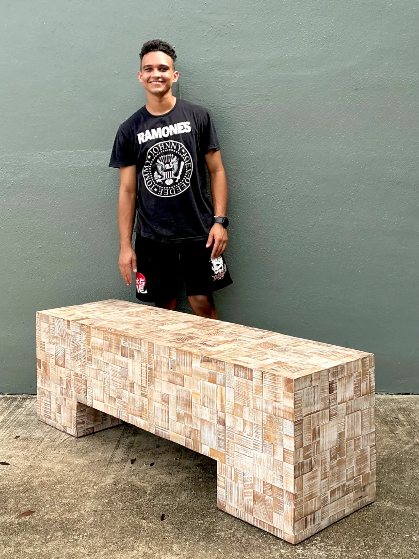 Vintage Geometric Patterned Wood Bench — additional photo 2
