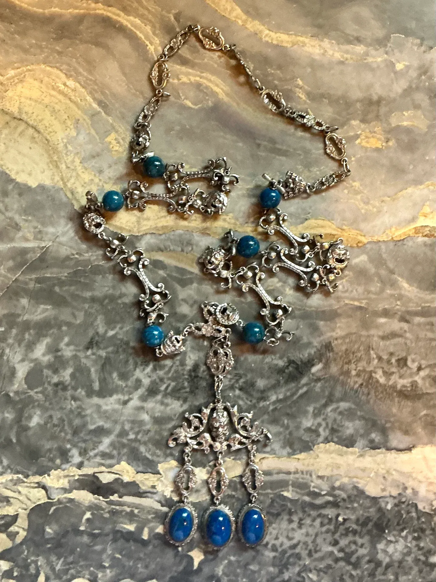 Vintage Ornate Silver Necklace with Blue Stones — additional photo 1
