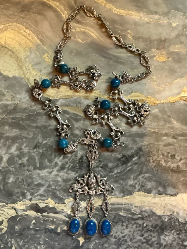 Vintage Ornate Silver Necklace with Blue Stones — additional photo 2