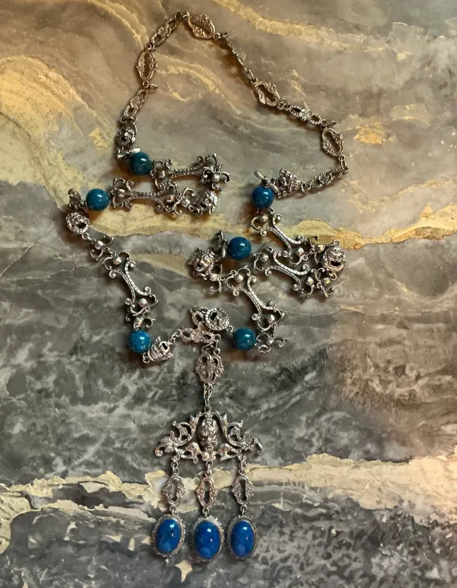 Vintage Ornate Silver Necklace with Blue Stones — additional photo 3