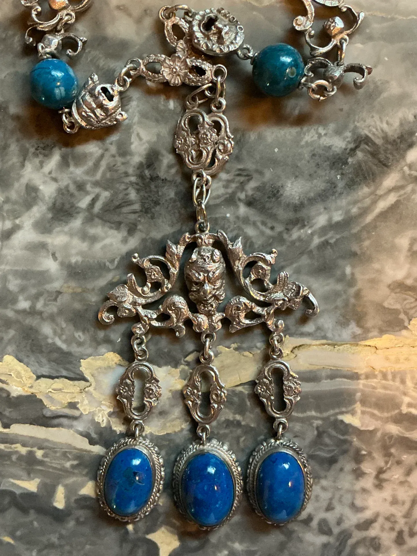 Vintage Ornate Silver Necklace with Blue Stones — additional photo 4