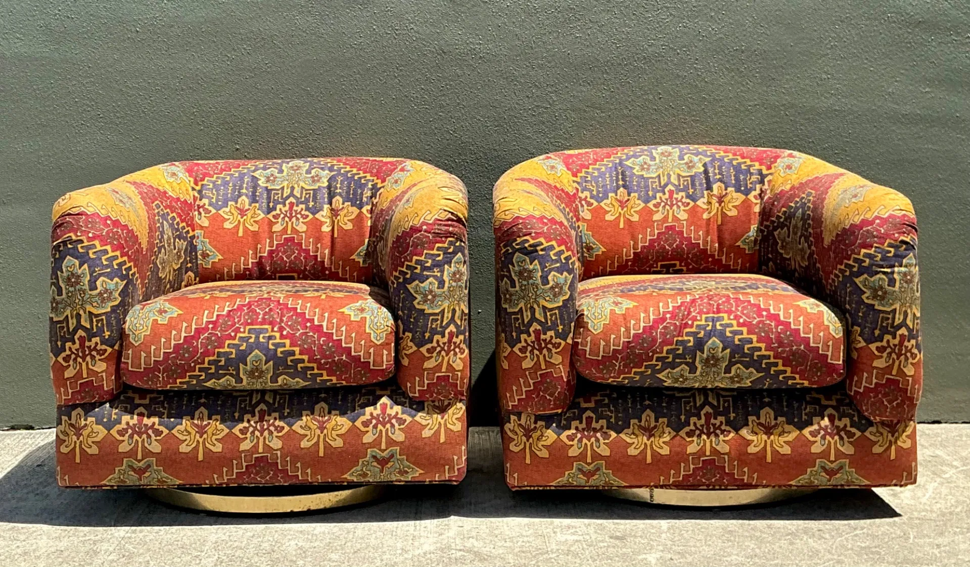 Vintage Printed Swivel Armchairs On Brass Plinths - A Pair — additional photo 2