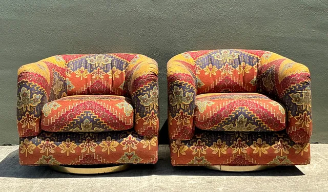 Vintage Printed Swivel Armchairs On Brass Plinths - A Pair — additional photo 2