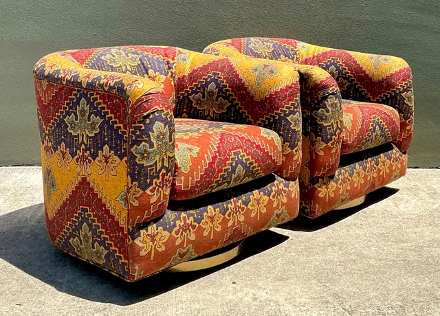 Vintage Printed Swivel Armchairs On Brass Plinths - A Pair — additional photo 8