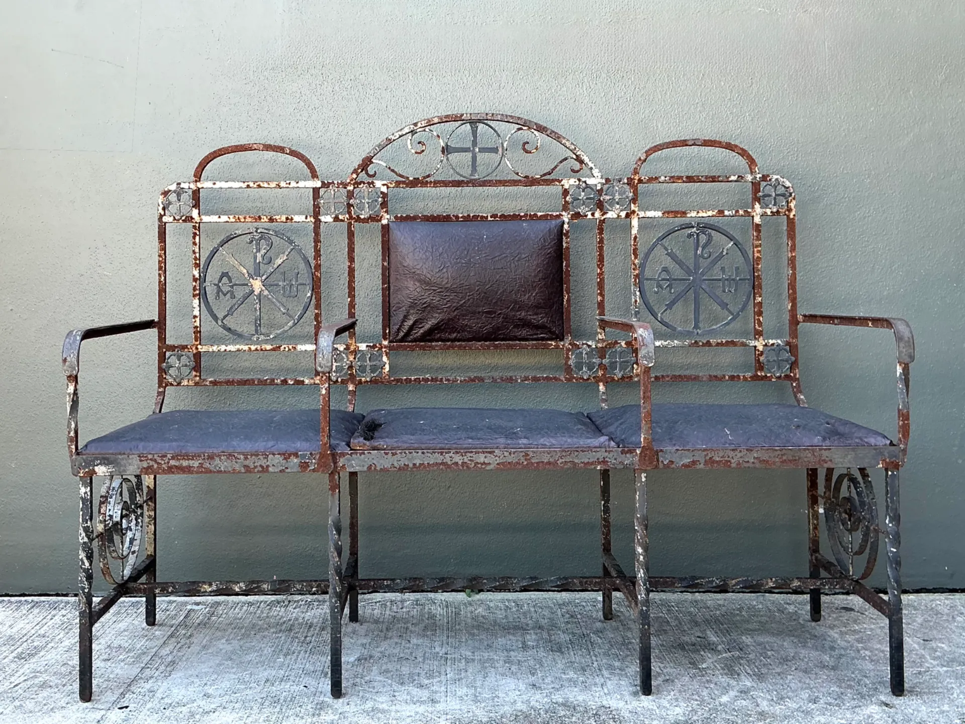 Vintage Distressed Metal and Upholstery Bench — additional photo 2