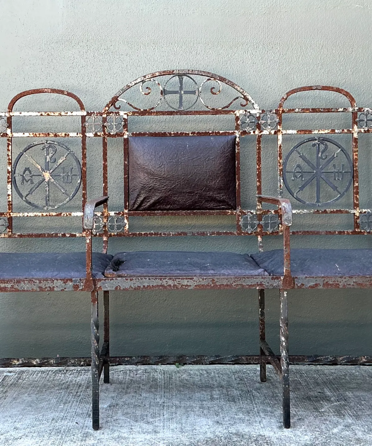 Vintage Distressed Metal and Upholstery Bench — additional photo 2