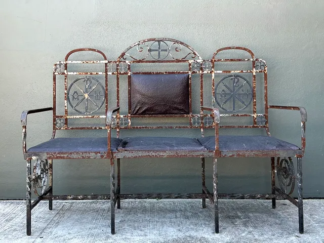 Vintage Distressed Metal and Upholstery Bench — additional photo 2