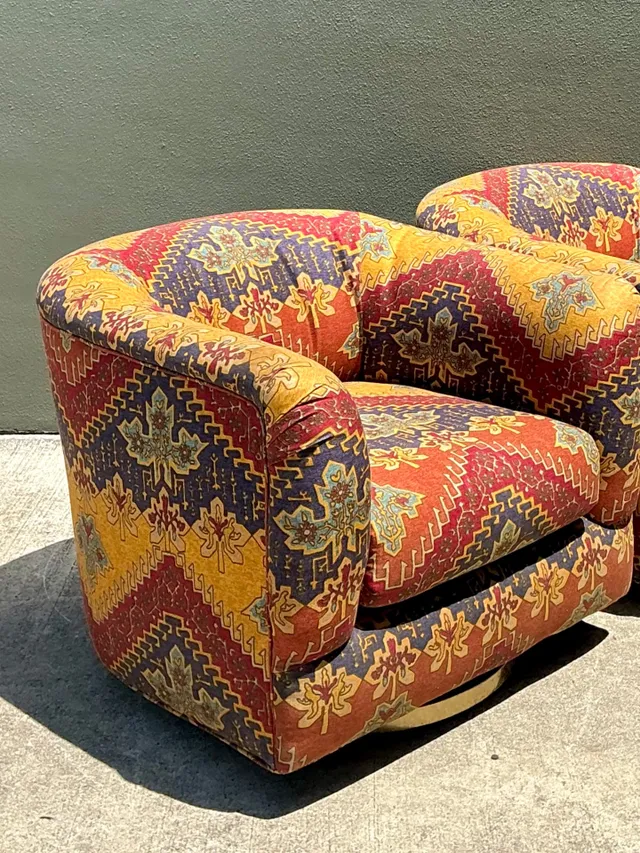 Vintage Printed Swivel Armchairs On Brass Plinths - A Pair — additional photo 3