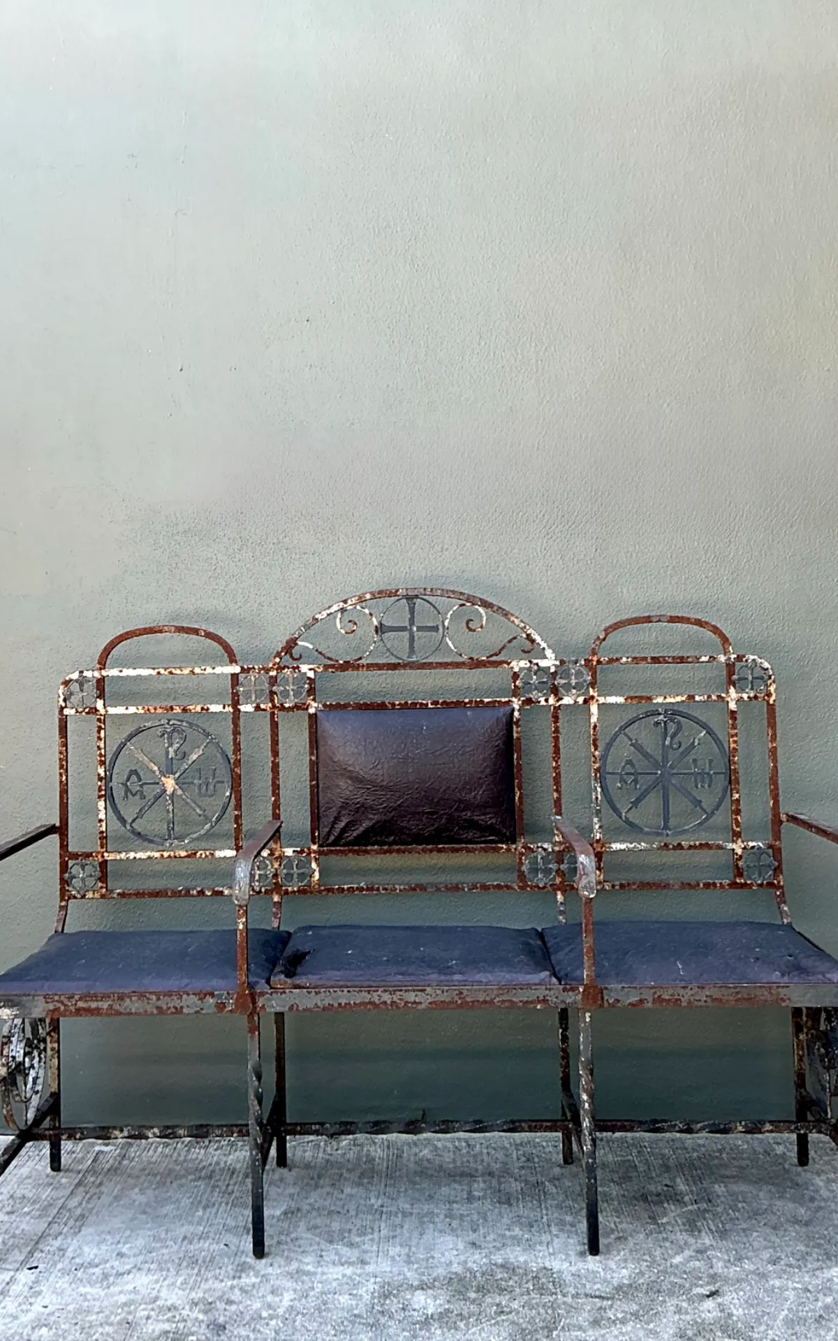Vintage Distressed Metal and Upholstery Bench — additional photo 8
