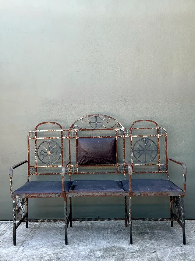 Vintage Distressed Metal and Upholstery Bench — additional photo 8