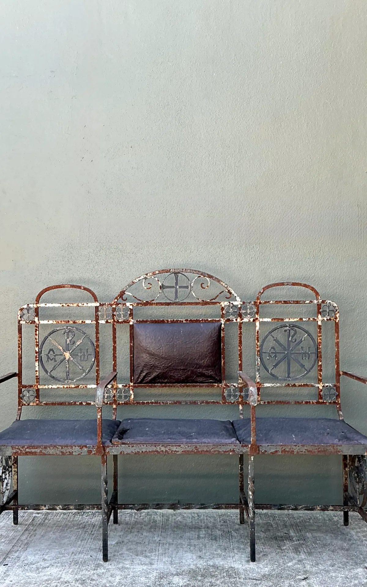 Vintage Distressed Metal and Upholstery Bench — additional photo 4