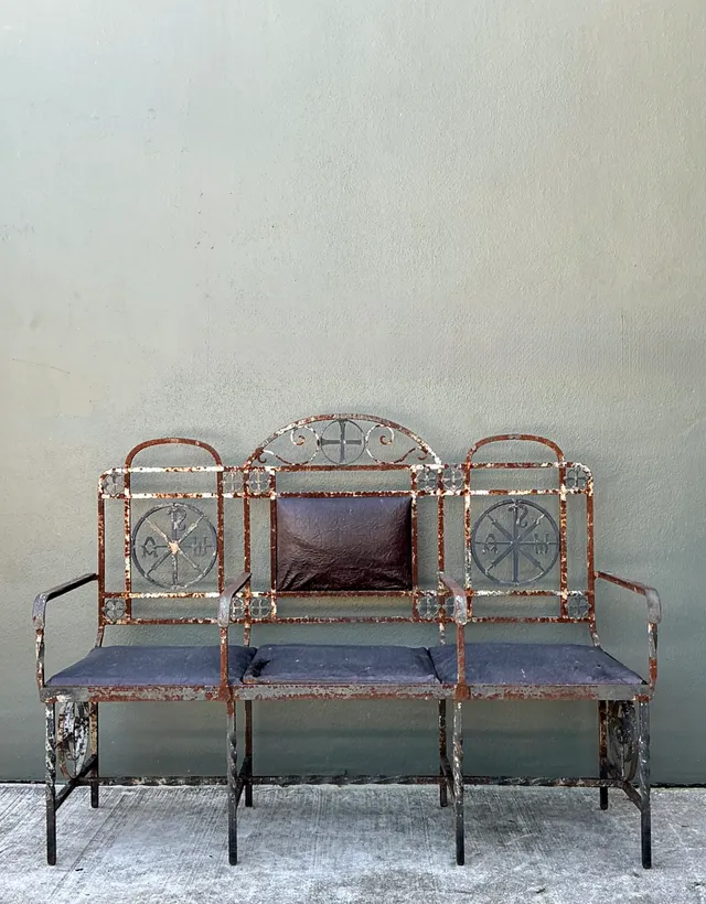 Vintage Distressed Metal and Upholstery Bench — additional photo 4