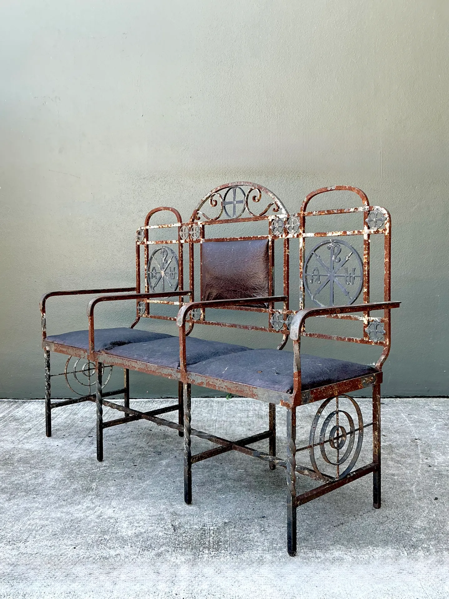 Vintage Distressed Metal and Upholstery Bench — additional photo 1
