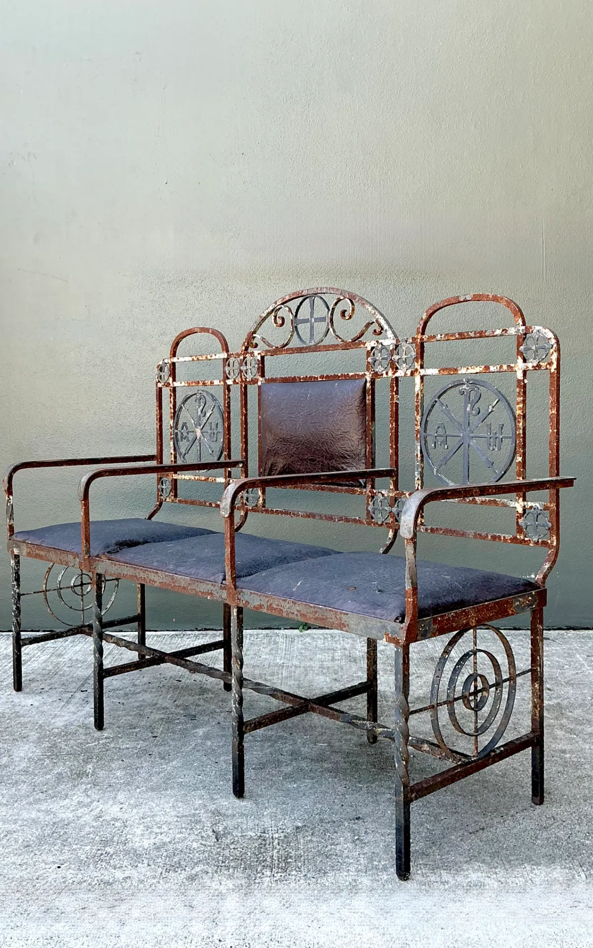 Vintage Distressed Metal and Upholstery Bench
