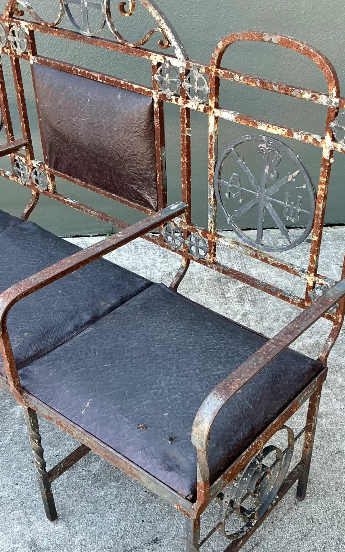 Vintage Distressed Metal and Upholstery Bench — additional photo 7