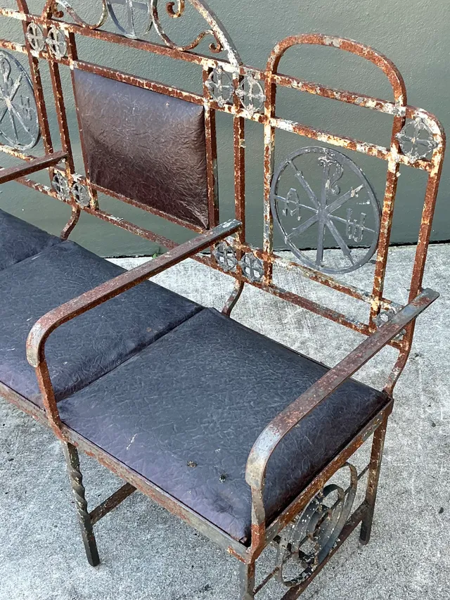 Vintage Distressed Metal and Upholstery Bench — additional photo 7