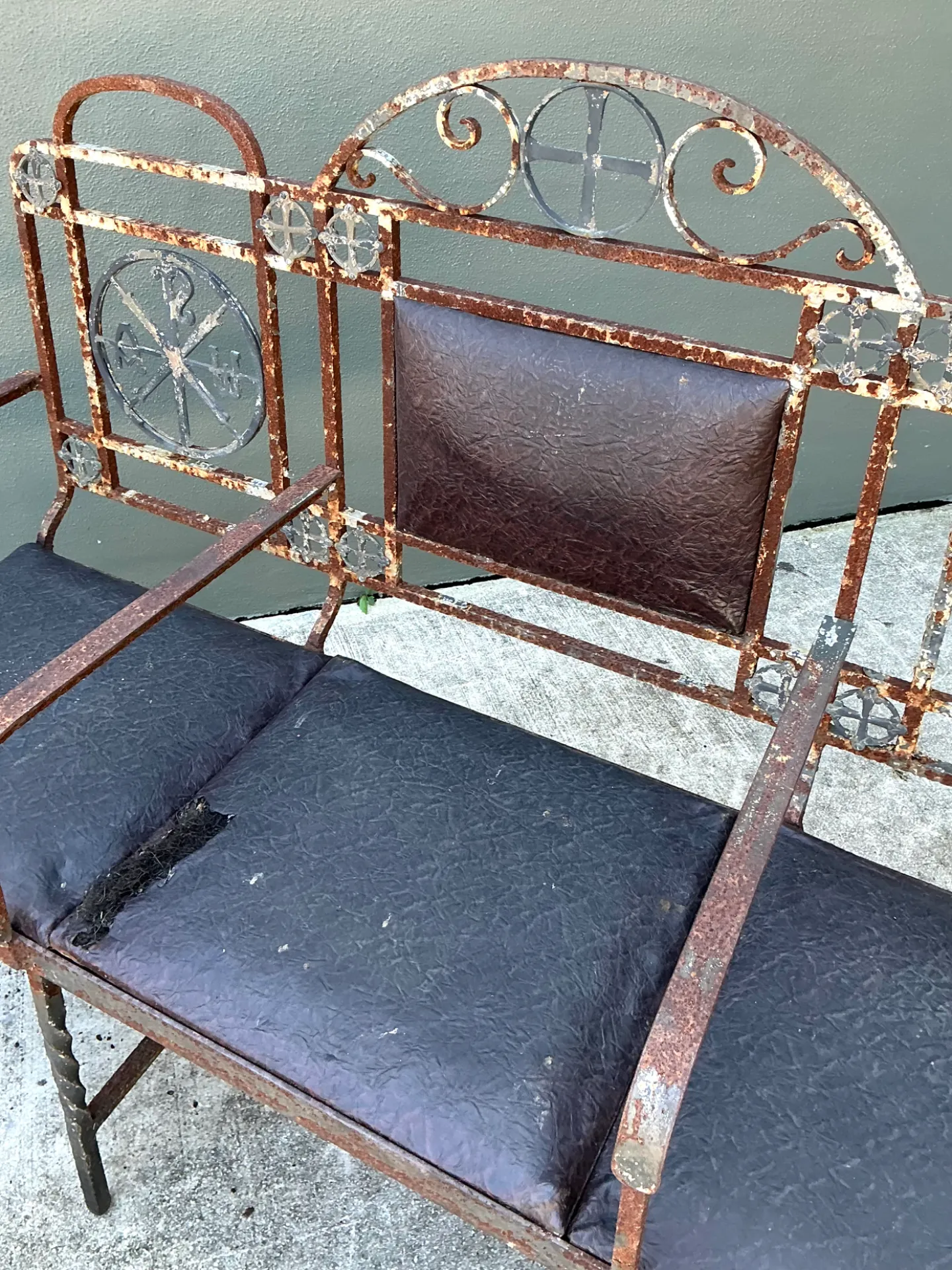 Vintage Distressed Metal and Upholstery Bench — additional photo 6