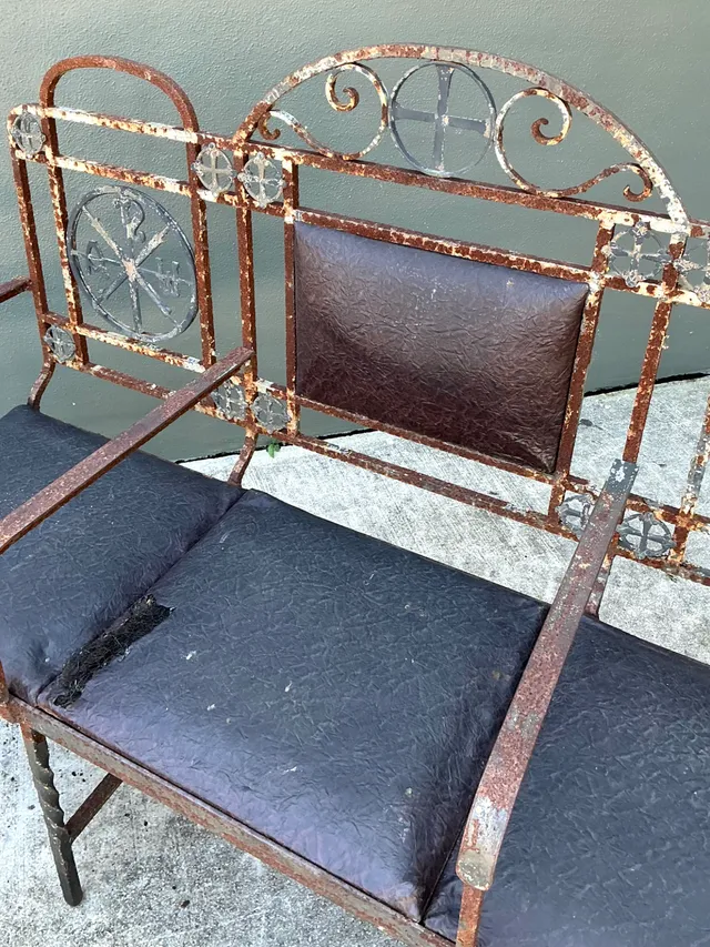 Vintage Distressed Metal and Upholstery Bench — additional photo 6