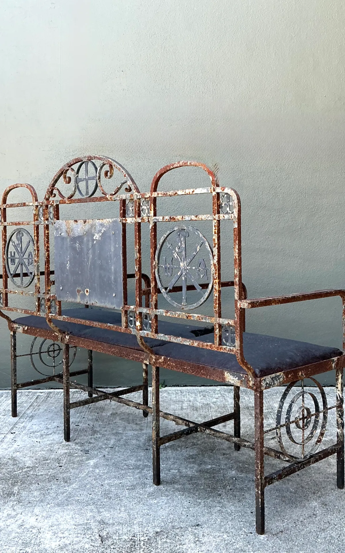 Vintage Distressed Metal and Upholstery Bench — additional photo 3