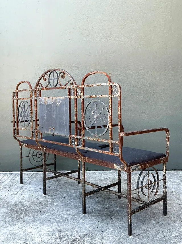 Vintage Distressed Metal and Upholstery Bench — additional photo 3