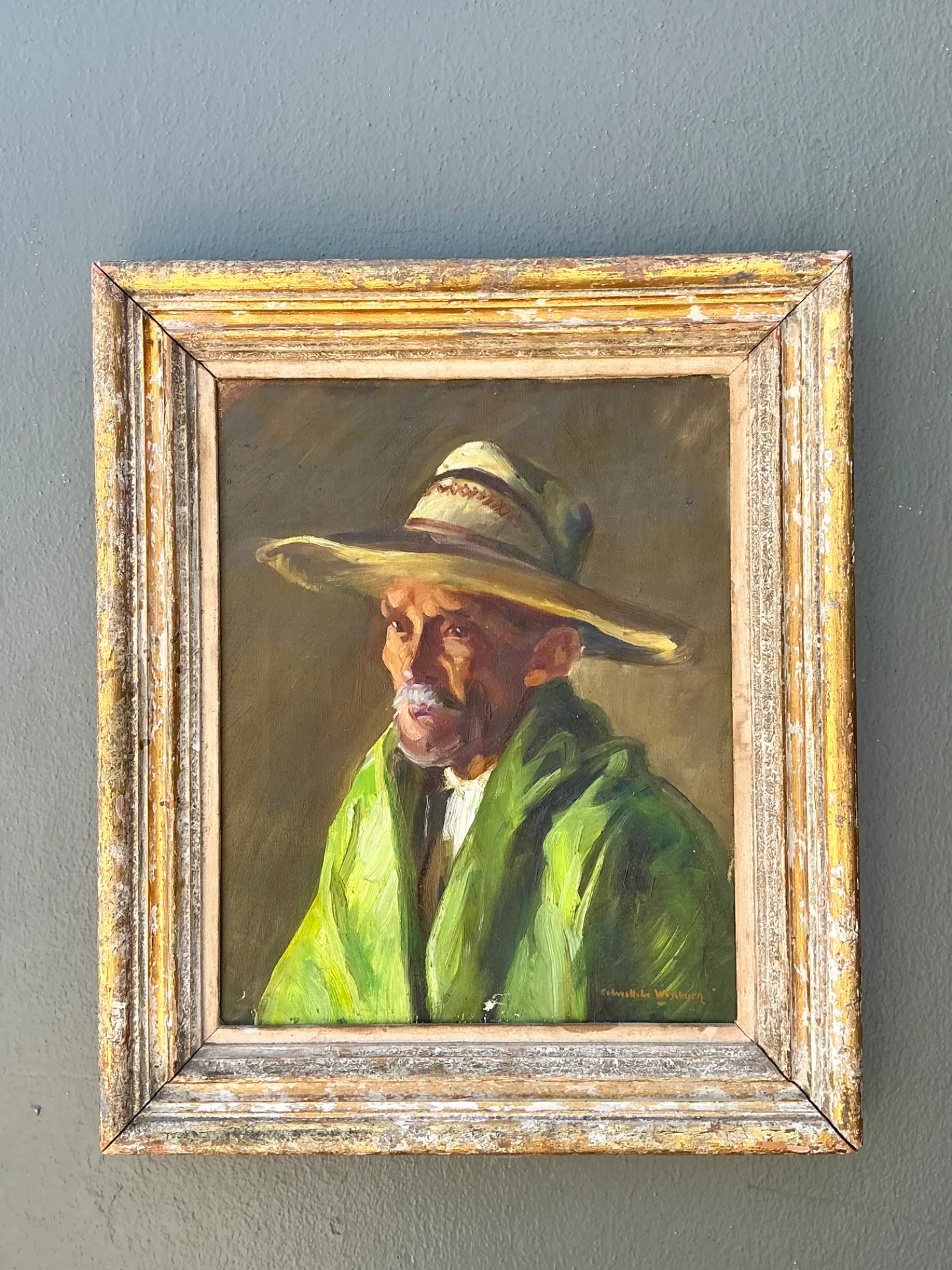 Vintage Framed Oil Painting of Man in Hat — additional photo 5