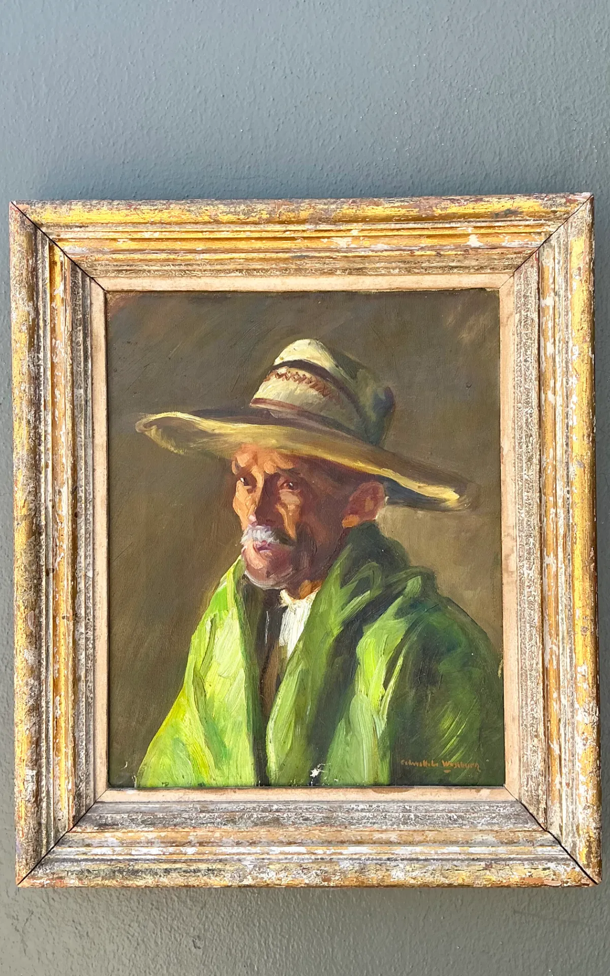 Vintage Framed Oil Painting of Man in Hat — additional photo 5