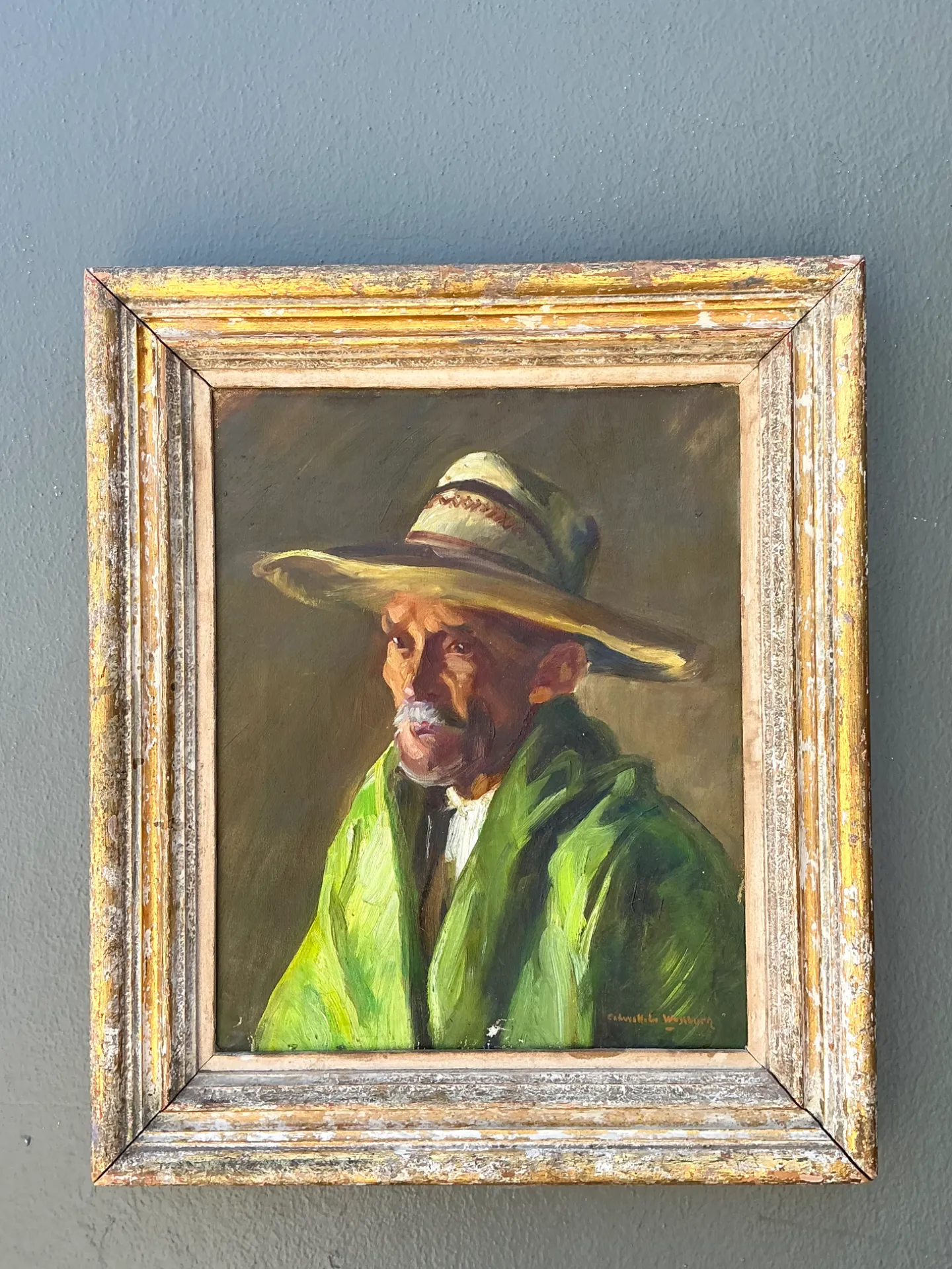 Vintage Framed Oil Painting of Man in Hat — additional photo 4