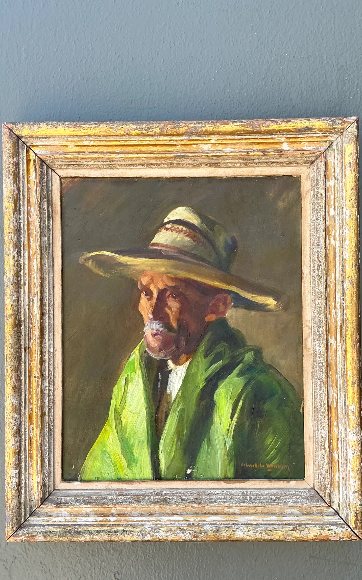 Vintage Framed Oil Painting of Man in Hat — additional photo 4