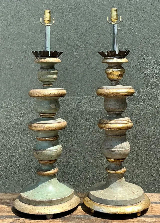 Vintage Italian Gilt Tipped Turned Wood Lamps - Pair — additional photo 5