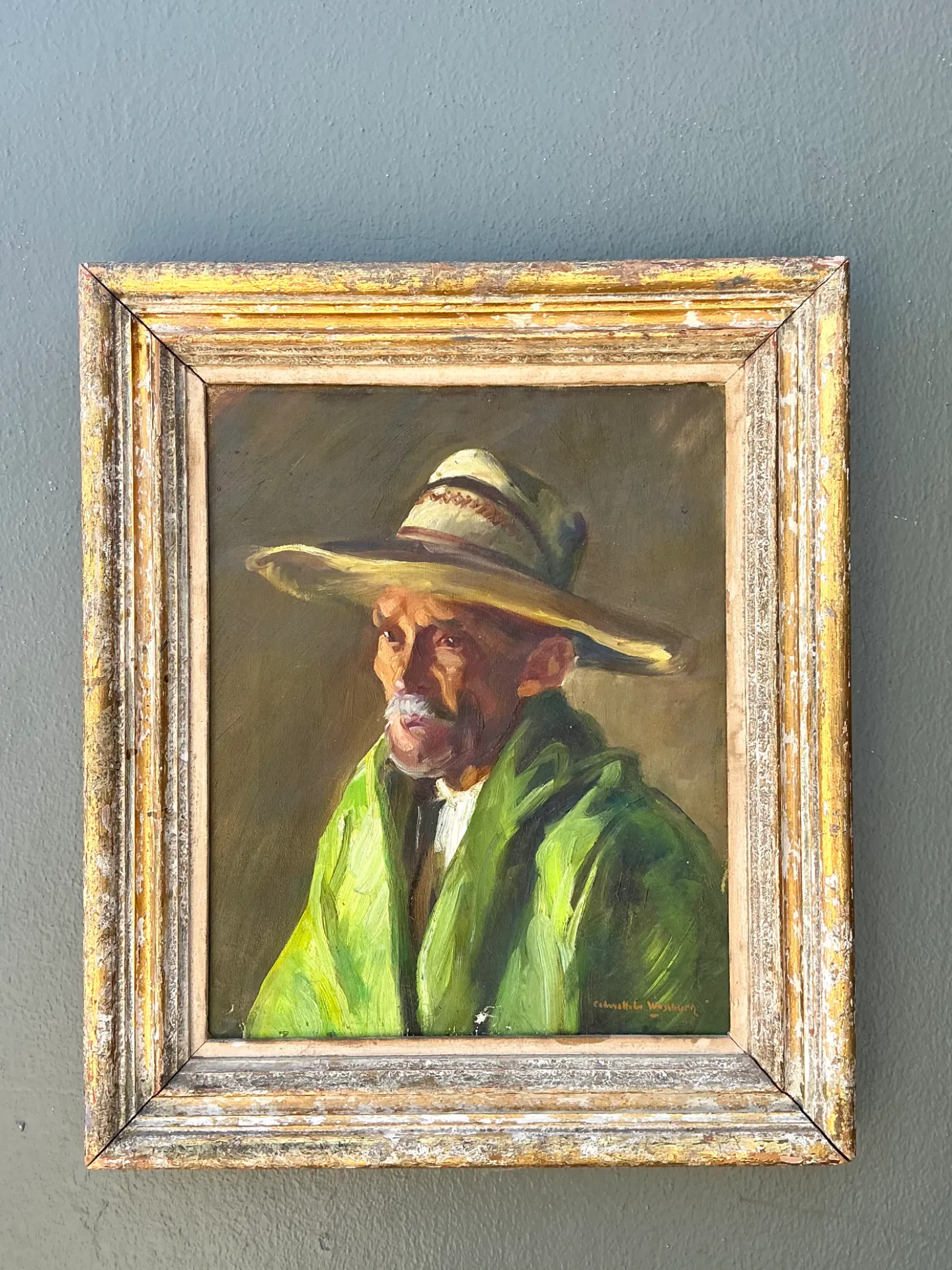 Vintage Framed Oil Painting of Man in Hat — additional photo 6