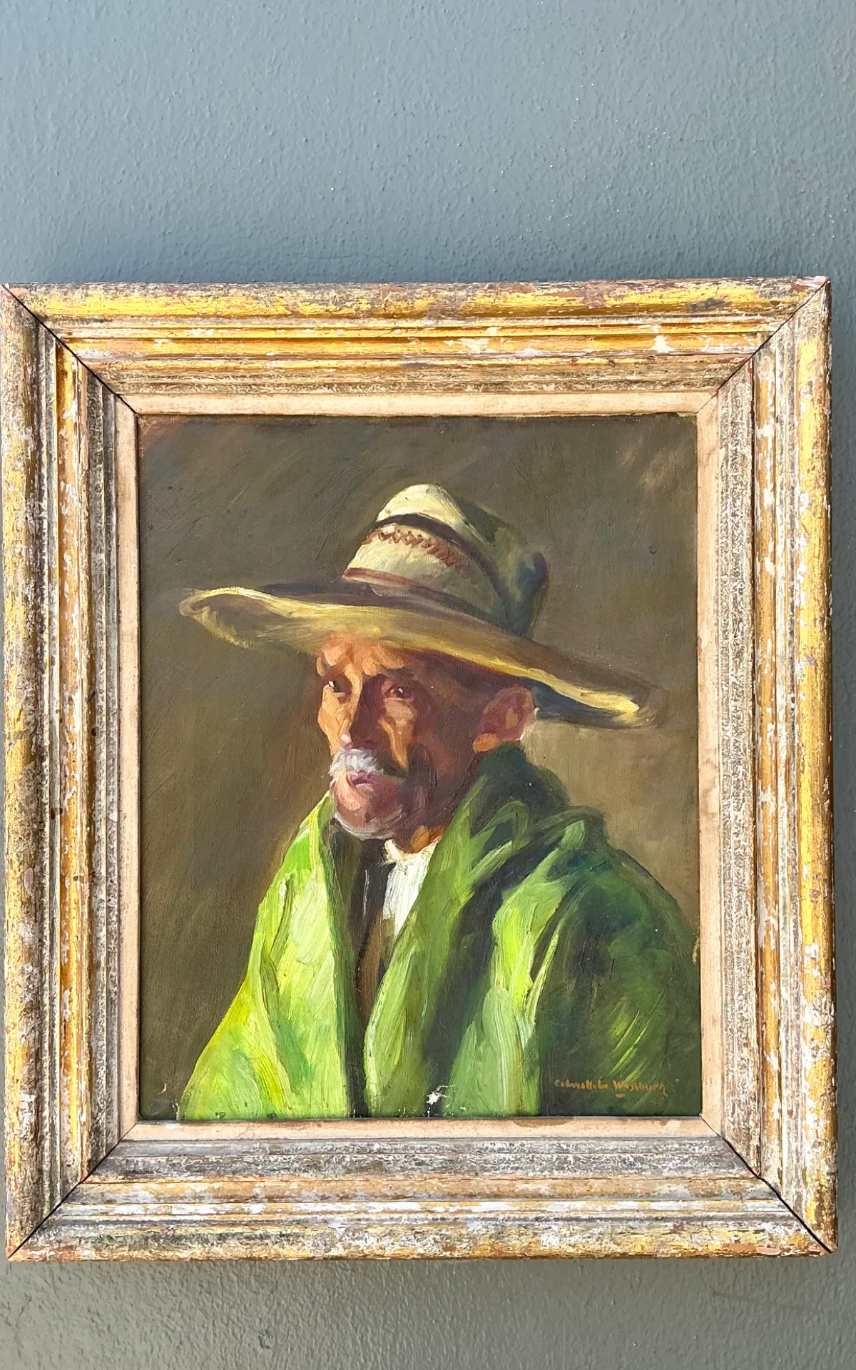 Vintage Framed Oil Painting of Man in Hat — additional photo 6
